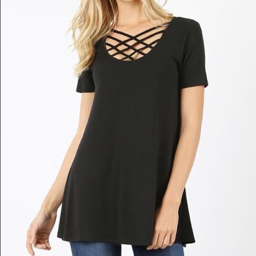Zenana Triple Cross Top Black